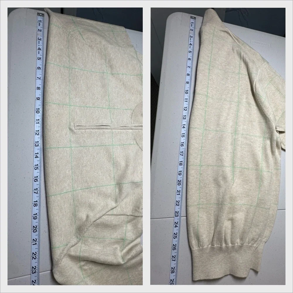 Peter‎ Millar Mens Quarter Zip Sweater Beige Green Plaid Cotton Cashmere Size M